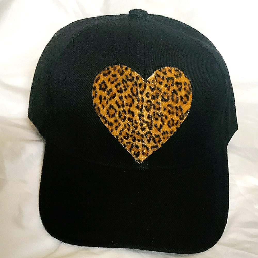 NEW ~Wild Love~ Baseball Cap! Suede Leopard Heart. Black Hat. Adjustable. Unisex
